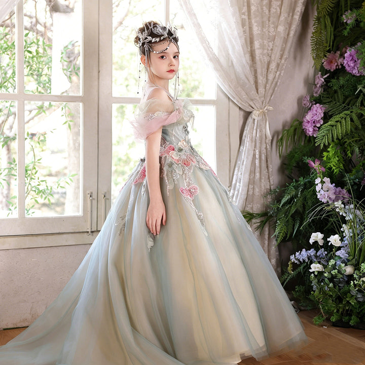 Sage Green Flower Girl Dress Elegant Floral Applique Off-Shoulder Tulle Birthday Party Gown J001