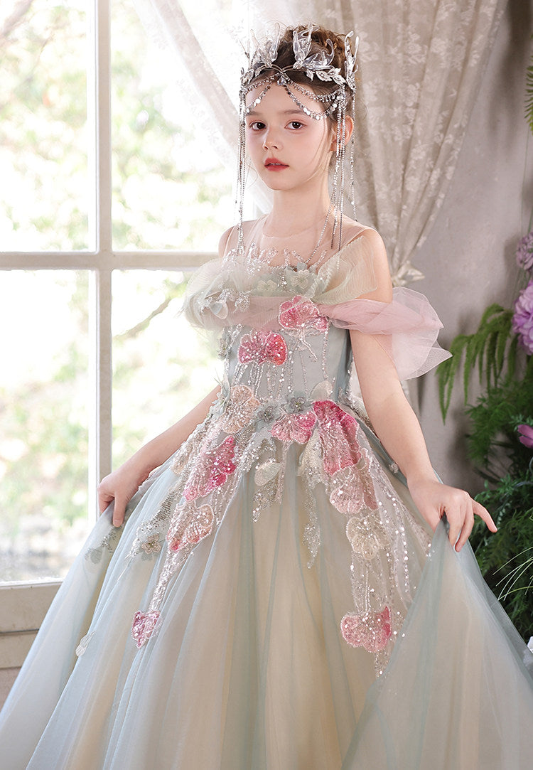 Sage Green Flower Girl Dress Elegant Floral Applique Off-Shoulder Tulle Birthday Party Gown J001 Sage Green Flower Girl Dress Elegant Floral Applique Off-Shoulder Tulle Birthday Party Gown J001