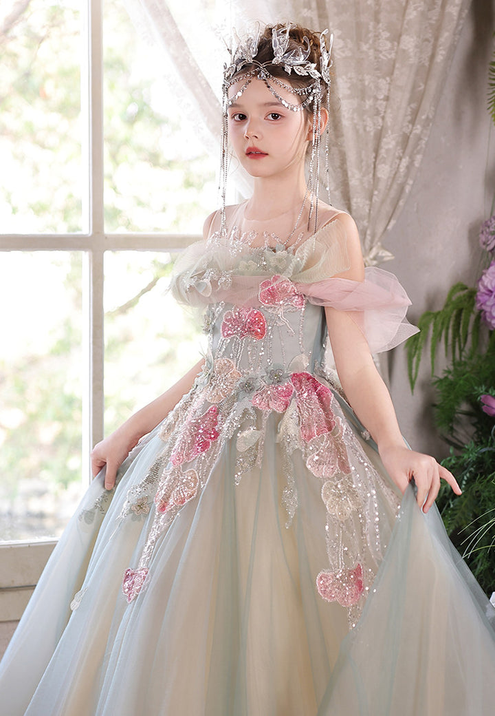 Sage Green Flower Girl Dress Elegant Floral Applique Off-Shoulder Tulle Birthday Party Gown J001