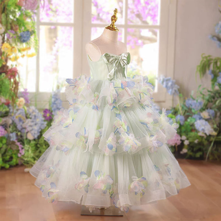 Sage Green Tiered Flower Girl Dress Pastel 3D Floral Ruffled Tulle Party Gown D346