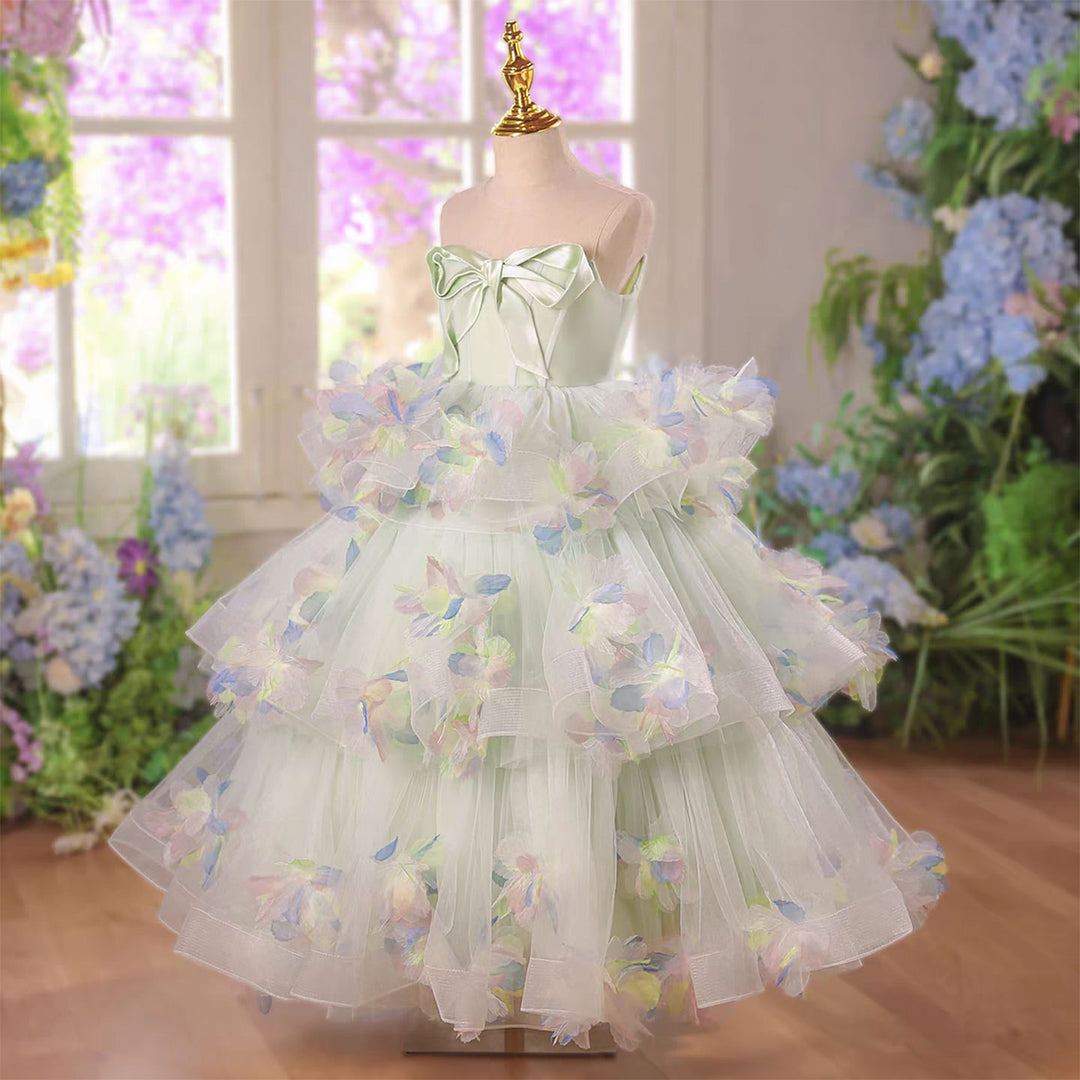Sage Green Tiered Flower Girl Dress Pastel 3D Floral Ruffled Tulle Party Gown D346