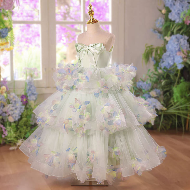 Sage Green Tiered Flower Girl Dress Pastel 3D Floral Ruffled Tulle Party Gown D346