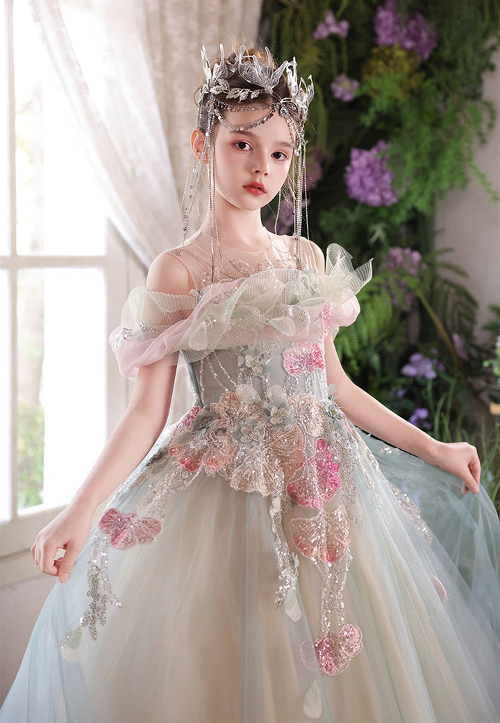 Sage Green Flower Girl Dress Elegant Floral Applique Off-Shoulder Tulle Birthday Party Gown J001