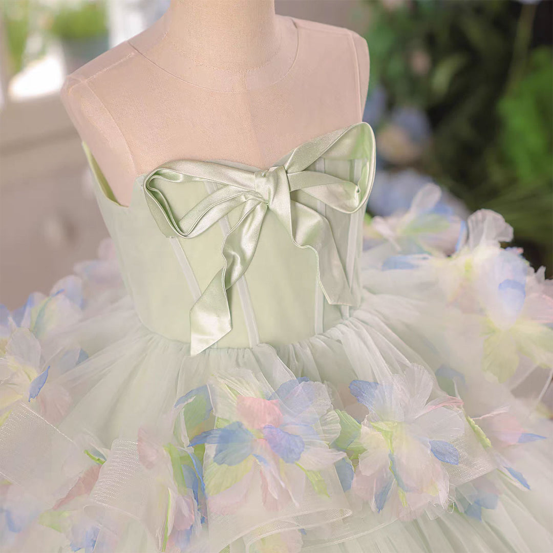 Sage Green Tiered Flower Girl Dress Pastel 3D Floral Ruffled Tulle Par DreamyVow Sage Green Tiered Flower Girl Dress Pastel 3D Floral Ruffled Tulle Par DreamyVow