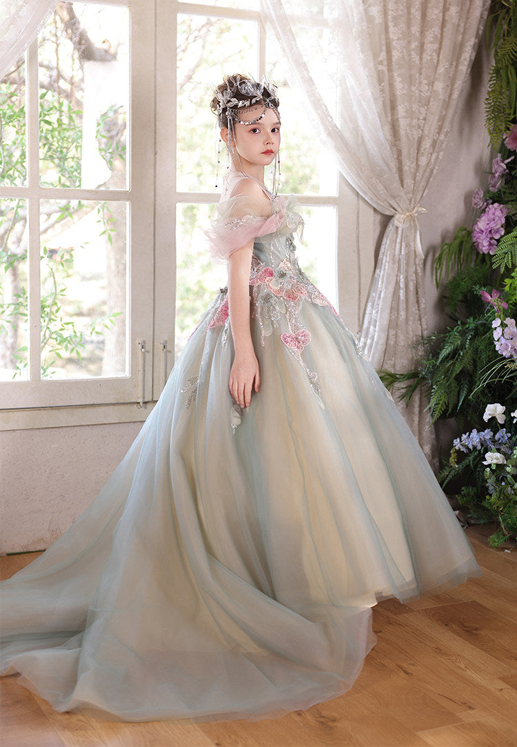 Sage Green Flower Girl Dress Elegant Floral Applique Off-Shoulder Tulle Birthday Party Gown J001