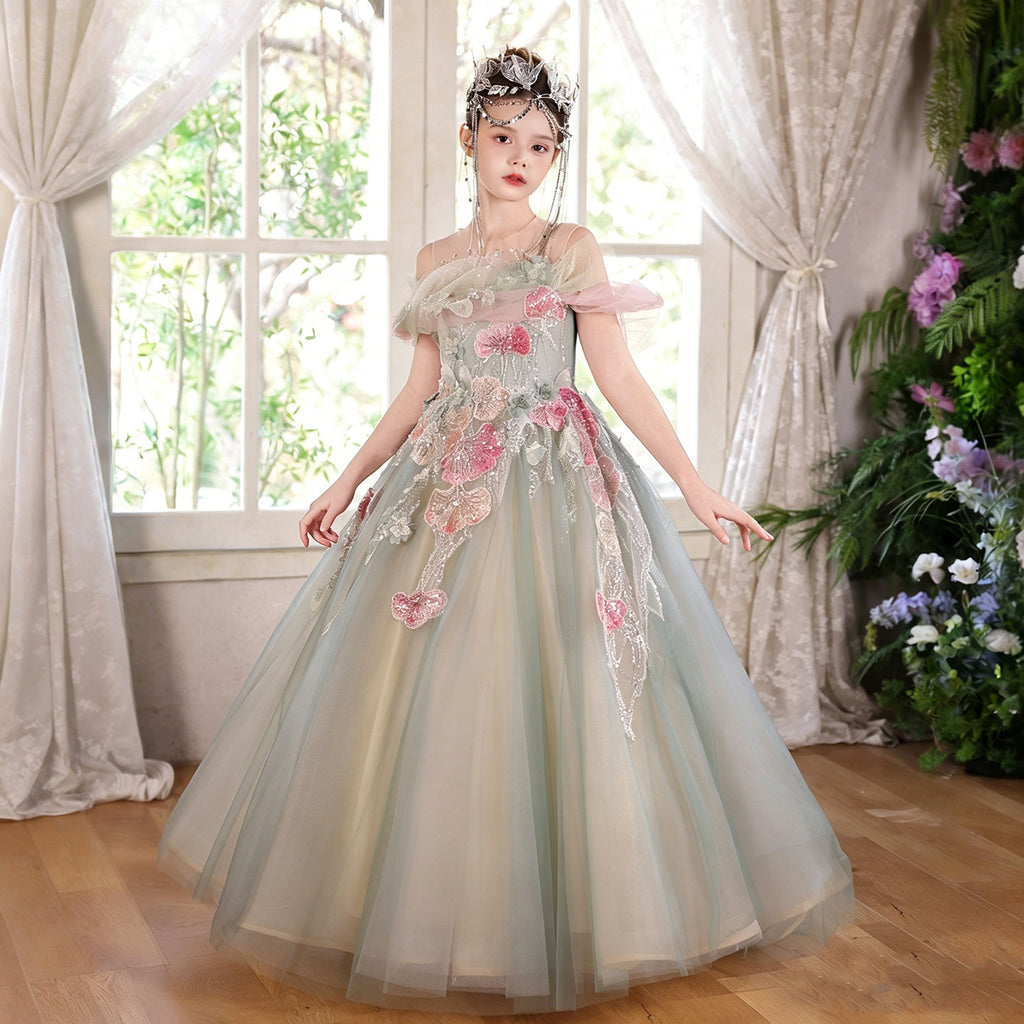 Sage Green Flower Girl Dress Elegant Floral Applique Off-Shoulder Tull DreamyVow Sage Green Flower Girl Dress Elegant Floral Applique Off-Shoulder Tull DreamyVow