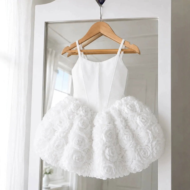 Luxury White Pink 3D Rose Ball Gown Flower Girl Dress J918