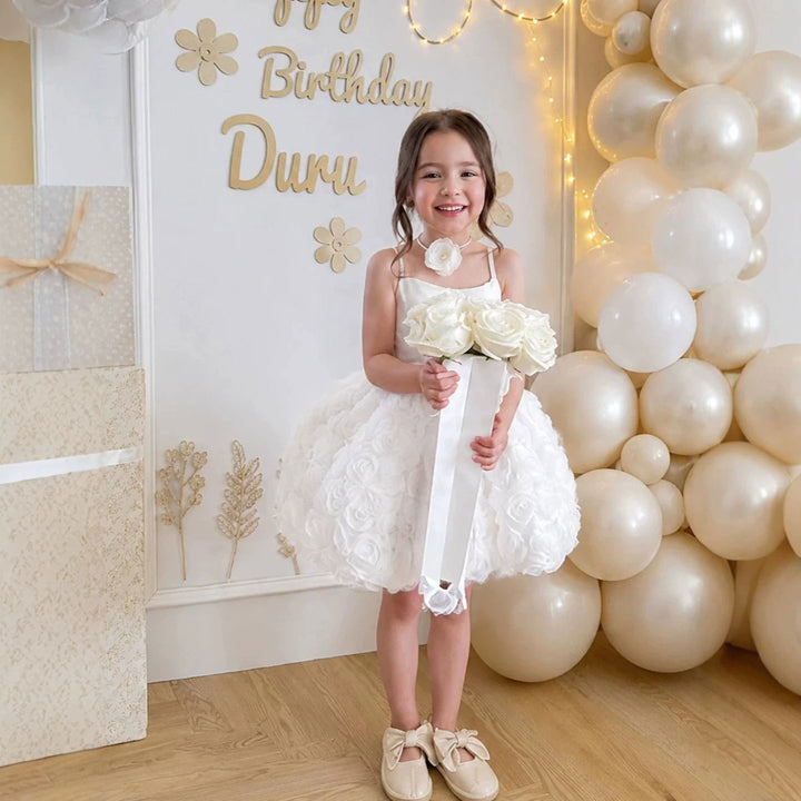 Luxury White Pink 3D Rose Ball Gown Flower Girl Dress J918