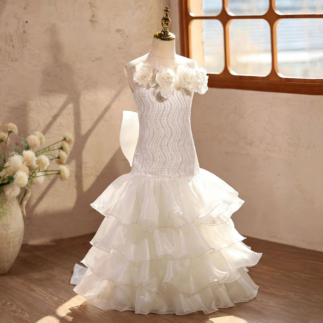 Elegant White Long Flower Girl Princess Gown with Sequin Bodice Tiered Tulle Skirt D364