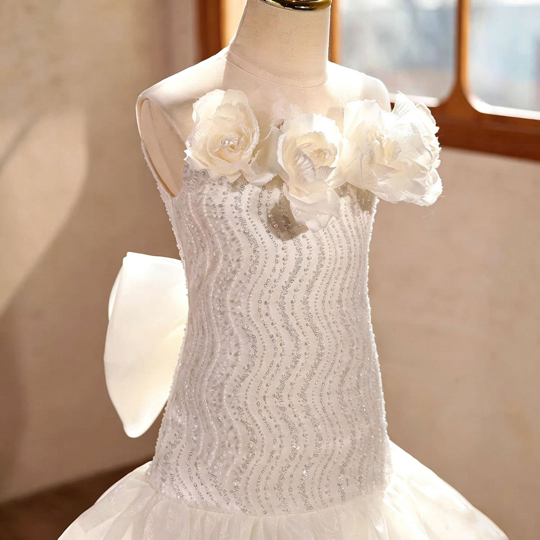 Elegant White Long Flower Girl Princess Gown with Sequin Bodice Tiered Tulle Skirt D364