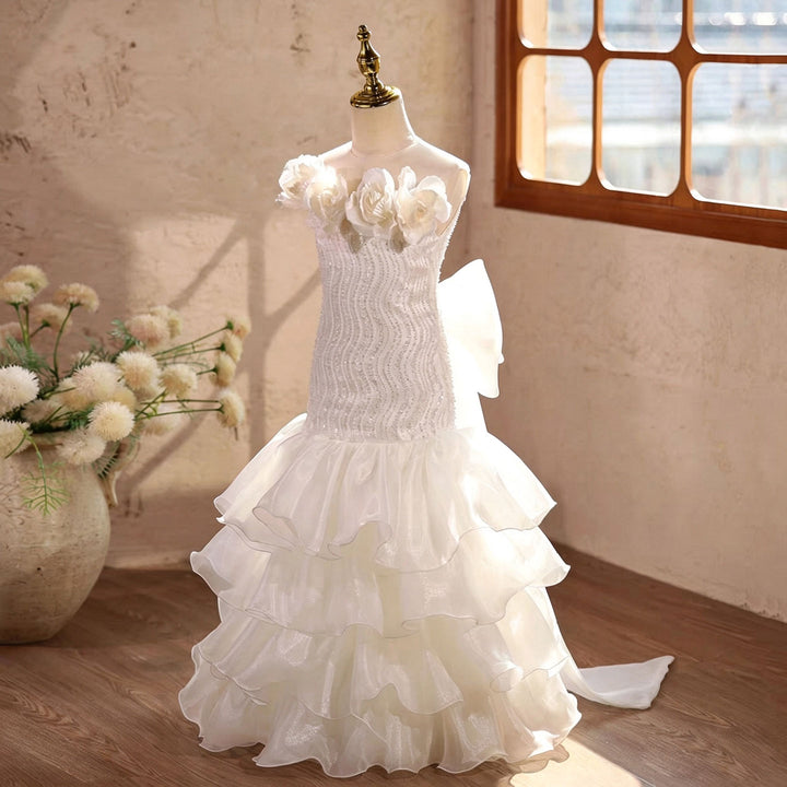 Elegant White Long Flower Girl Princess Gown with Sequin Bodice Tiered Tulle Skirt D364