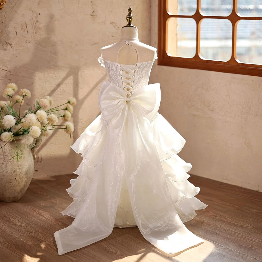 Elegant White Long Flower Girl Princess Gown with Sequin Bodice Tiered Tulle Skirt D364