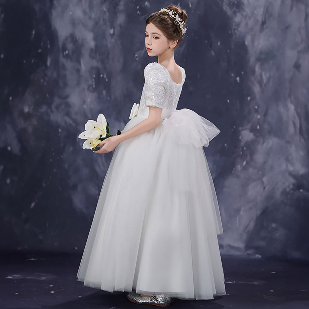 Classic White Flower Girl Dress Square Neck Sequined Tulle Ball Gown for Weddings D350