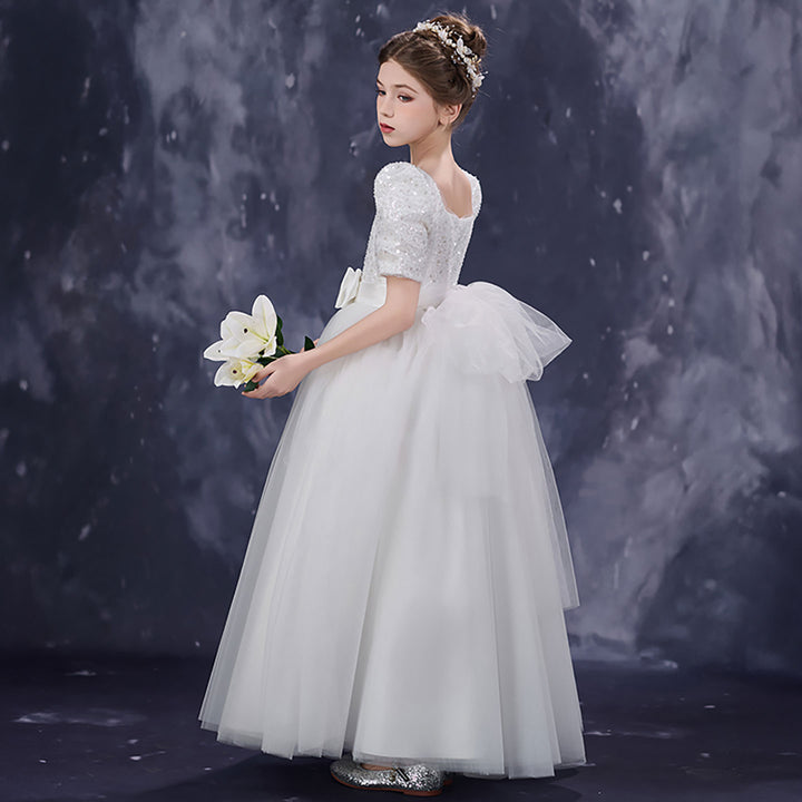 Classic White Flower Girl Dress Square Neck Sequined Tulle Ball Gown for Weddings D350