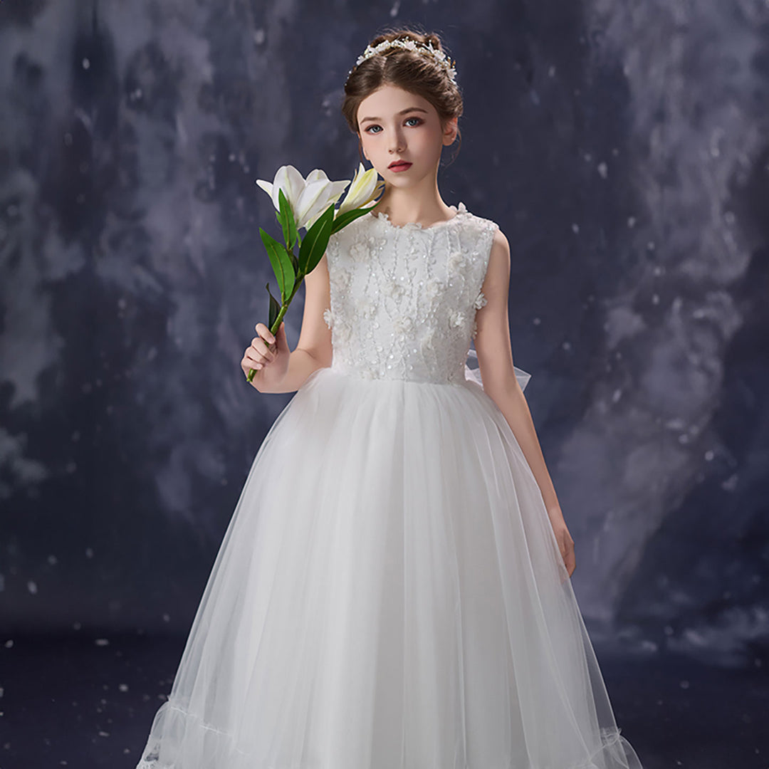 Luxury White Flower Girl Dress Sleeveless Lace Floral Applique Tulle Party Gown D351
