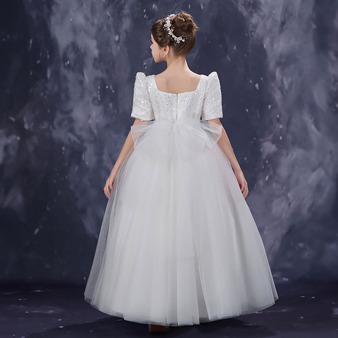 Classic White Flower Girl Dress Square Neck Sequined Tulle Ball Gown for Weddings D350