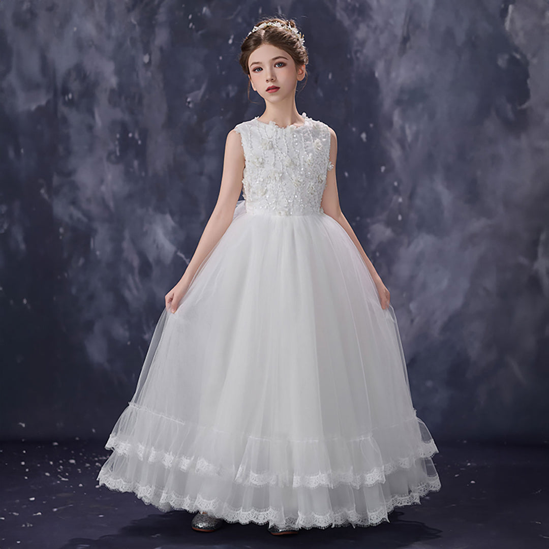Luxury White Flower Girl Dress Sleeveless Lace Floral Applique Tulle P DreamyVow Luxury White Flower Girl Dress Sleeveless Lace Floral Applique Tulle P DreamyVow