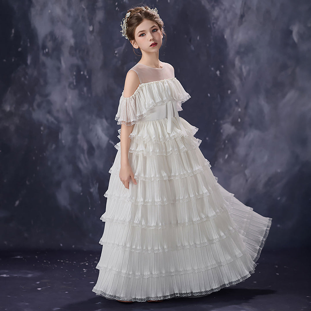 pleated flower girl dresses Dusty Blue Princess Dress Satin Flower Pleated Knee Girl Mia Princess