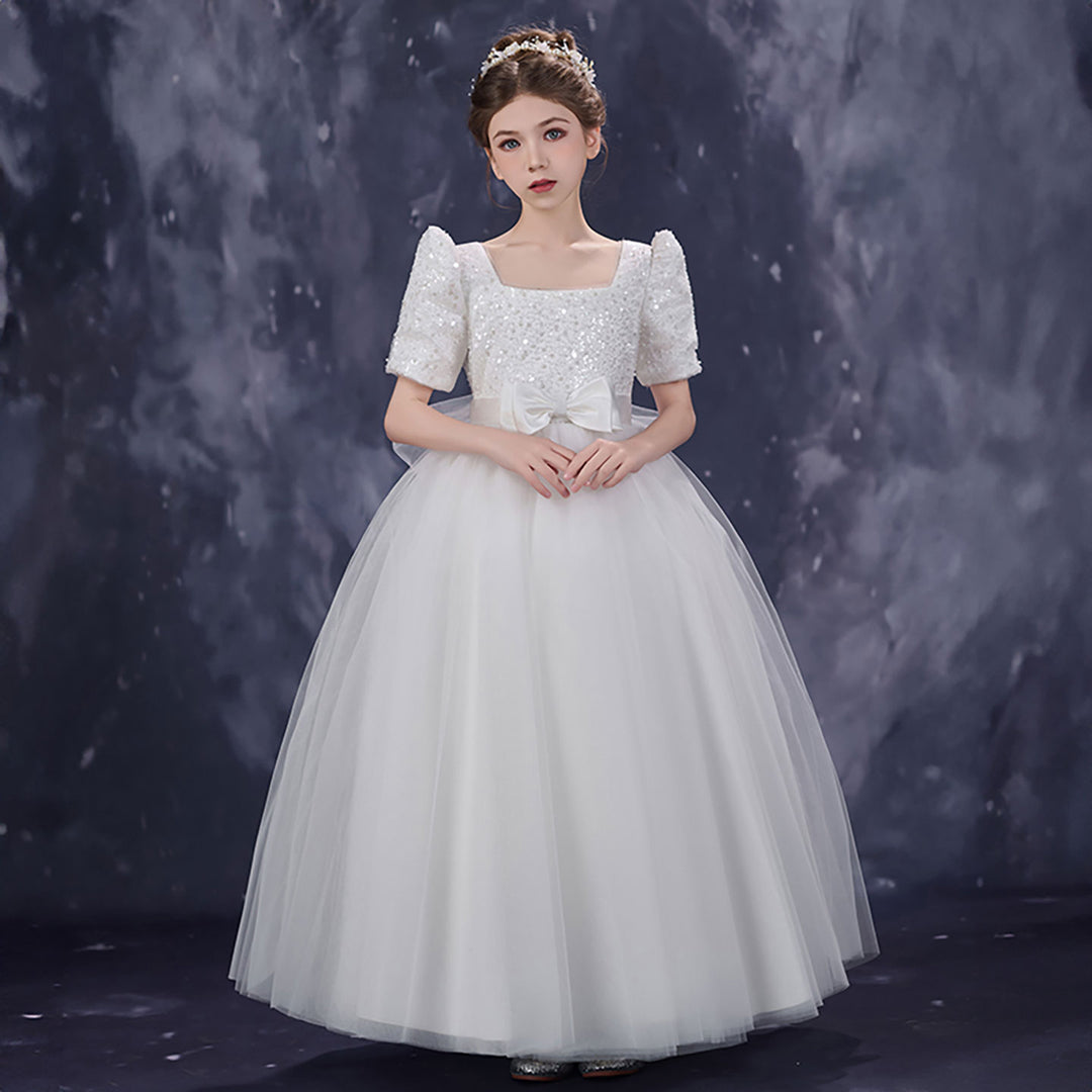 Classic White Flower Girl Dress Square Neck Sequined Tulle Ball Gown for Weddings D350