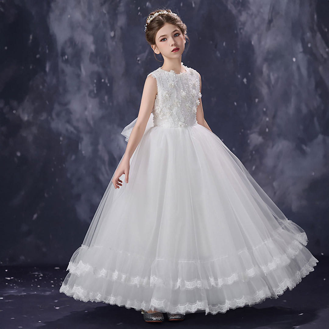 Luxury White Flower Girl Dress Sleeveless Lace Floral Applique Tulle Party Gown D351