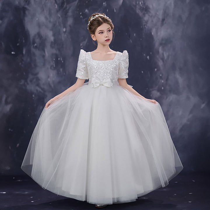 Classic White Flower Girl Dress Square Neck Sequined Tulle Ball Gown for Weddings D350