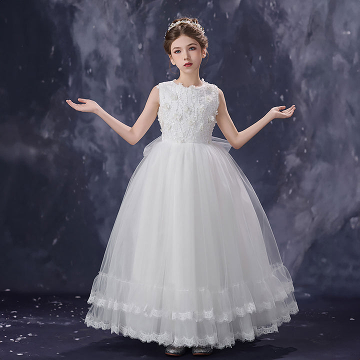 Luxury White Flower Girl Dress Sleeveless Lace Floral Applique Tulle Party Gown D351
