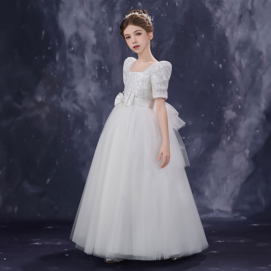 Classic White Flower Girl Dress Square Neck Sequined Tulle Ball Gown for Weddings D350