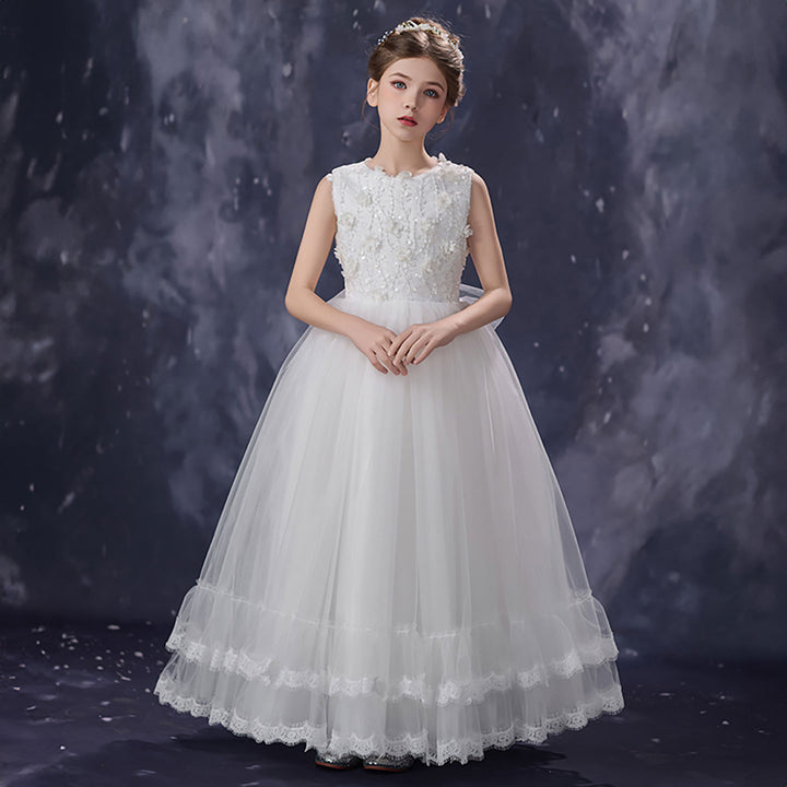Luxury White Flower Girl Dress Sleeveless Lace Floral Applique Tulle Party Gown D351
