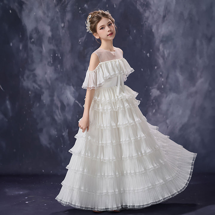 Elegant White Flower Girl Dress Pleated Ruffle Tulle Ball Gown for Birthdays First Communion D352