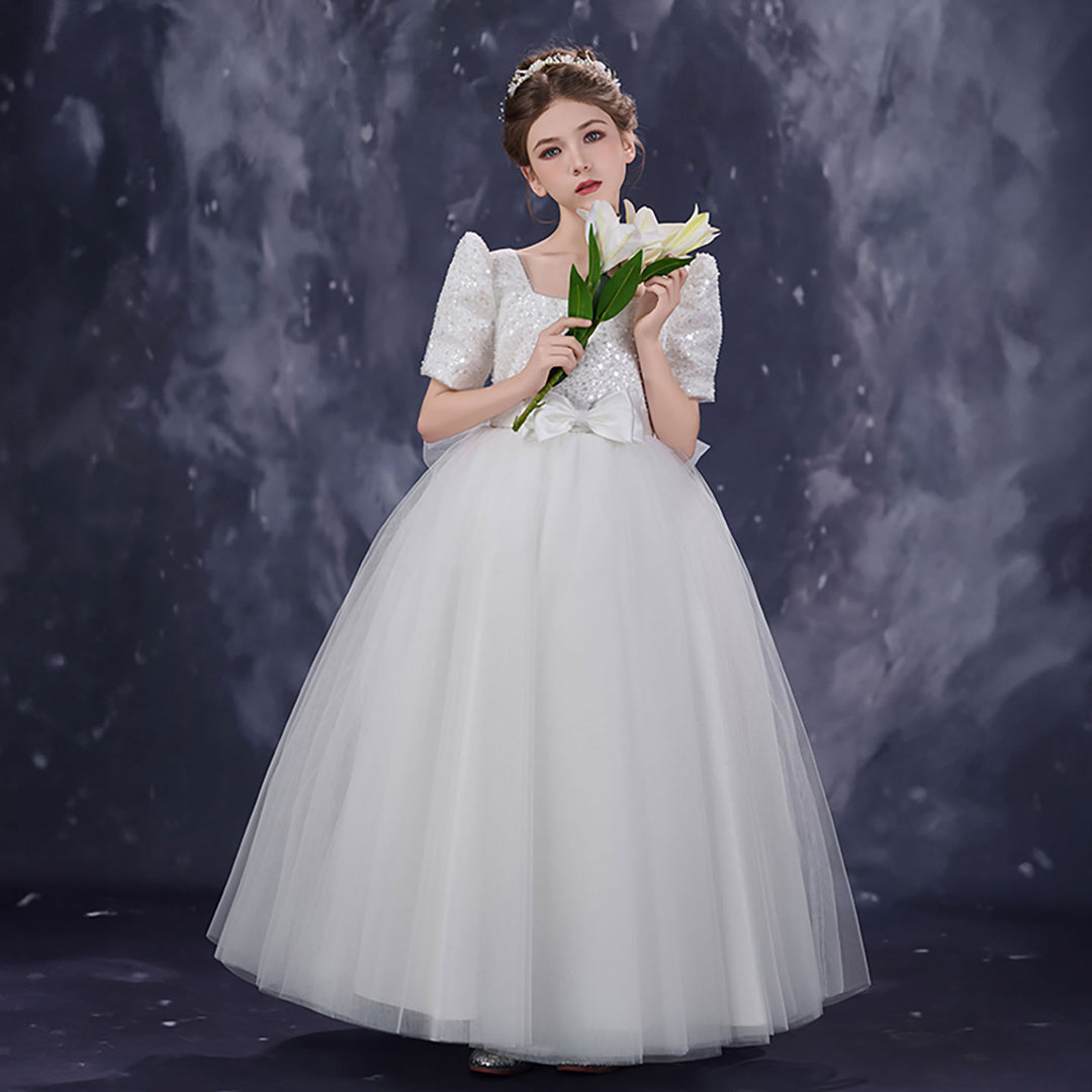 Classic White Flower Girl Dress Square Neck Sequined Tulle Ball Gown for Weddings D350