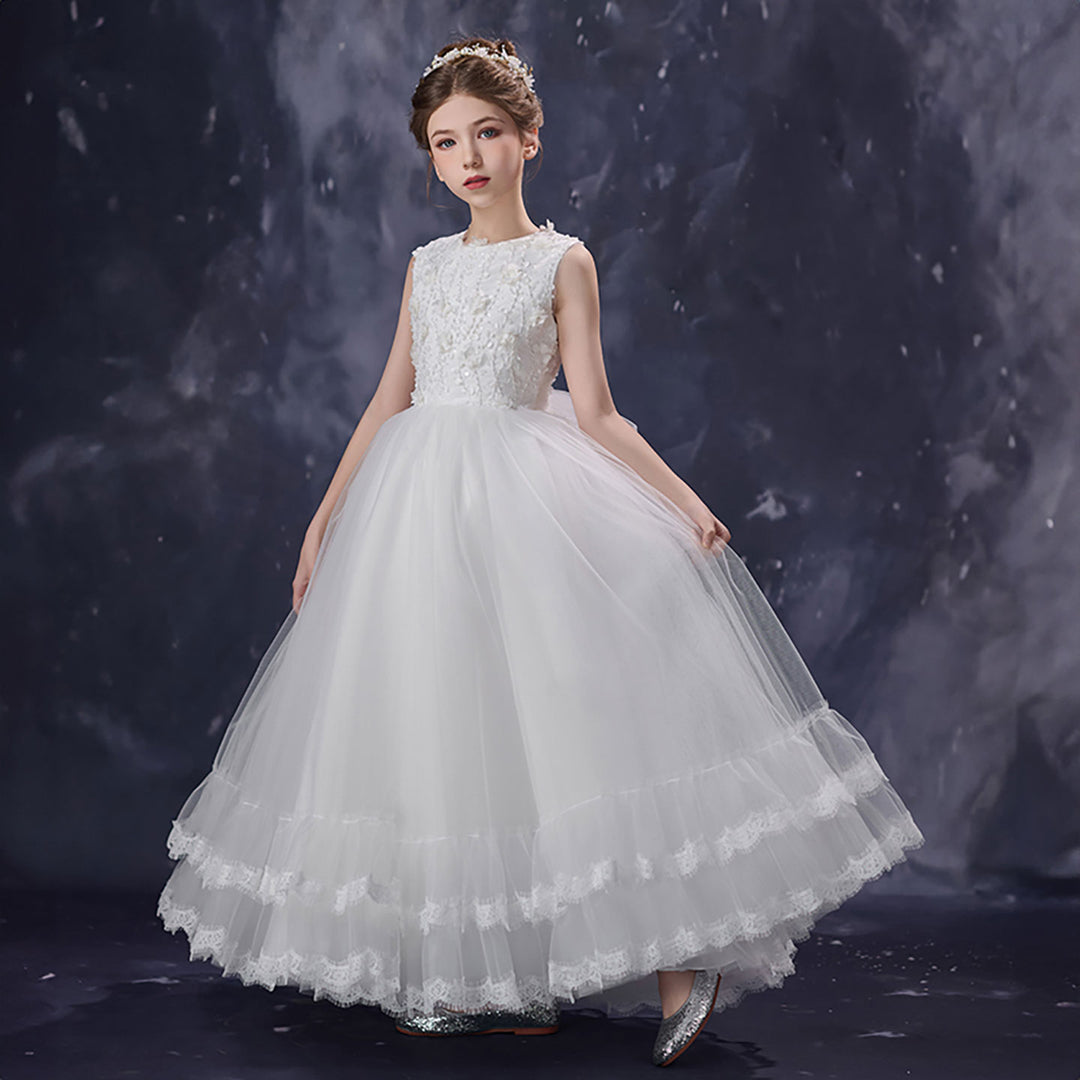 Luxury White Flower Girl Dress Sleeveless Lace Floral Applique Tulle Party Gown D351