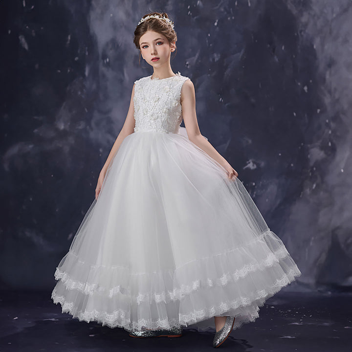 Luxury White Flower Girl Dress Sleeveless Lace Floral Applique Tulle Party Gown D351