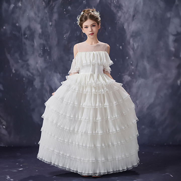 Elegant White Flower Girl Dress Pleated Ruffle Tulle Ball Gown for Birthdays First Communion D352