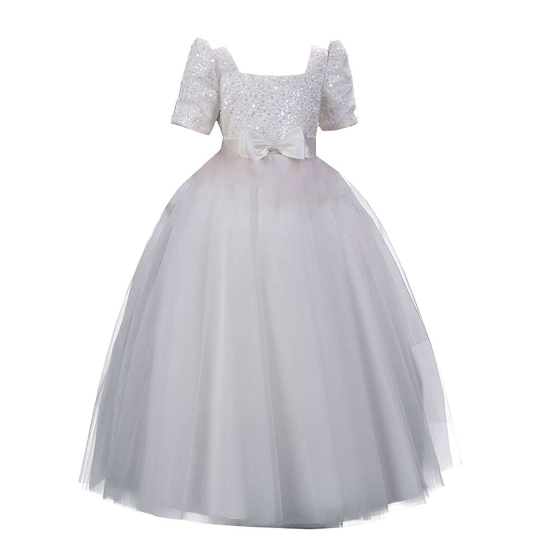 Classic White Flower Girl Dress Square Neck Sequined Tulle Ball Gown for Weddings D350