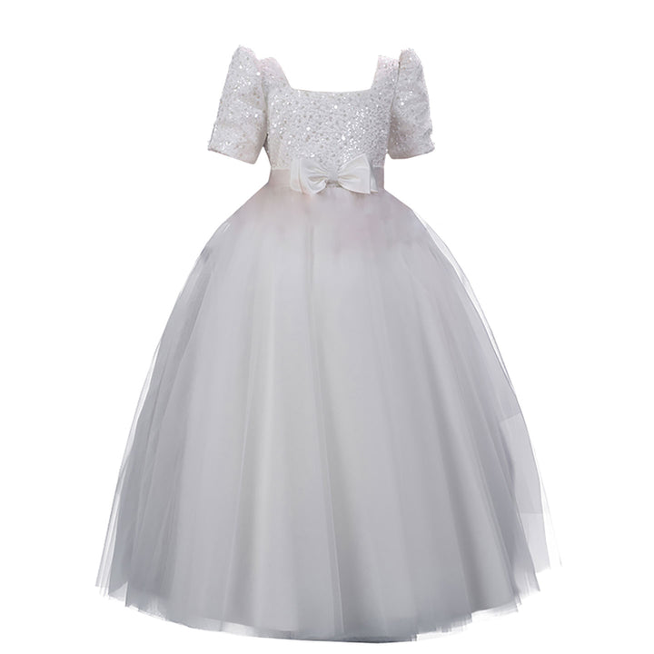 Classic White Flower Girl Dress Square Neck Sequined Tulle Ball Gown for Weddings D350