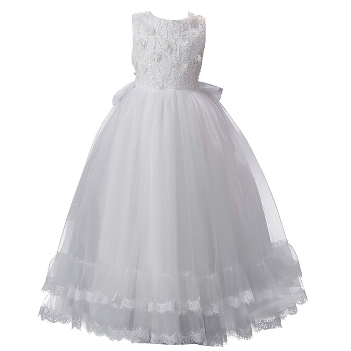 Luxury White Flower Girl Dress Sleeveless Lace Floral Applique Tulle Party Gown D351
