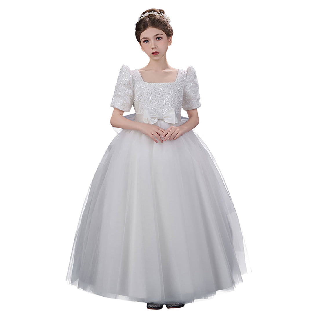 Classic White Flower Girl Dress Square Neck Sequined Tulle Ball Gown for Weddings D350