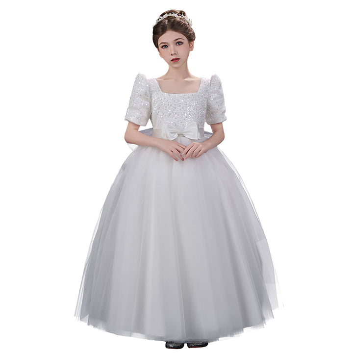 Classic White Flower Girl Dress Square Neck Sequined Tulle Ball Gown for Weddings D350