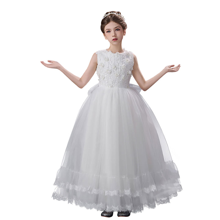 Luxury White Flower Girl Dress Sleeveless Lace Floral Applique Tulle Party Gown D351