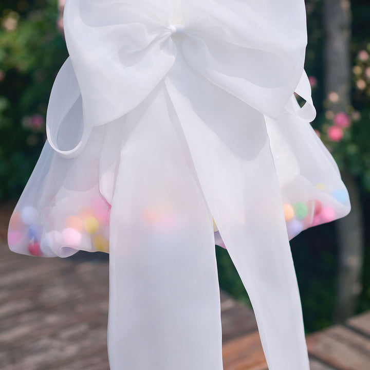Playful White Flower Girl Dress with Colorful Pom Poms Cute Sheer Tulle Toddler Birthday Party Gown J913