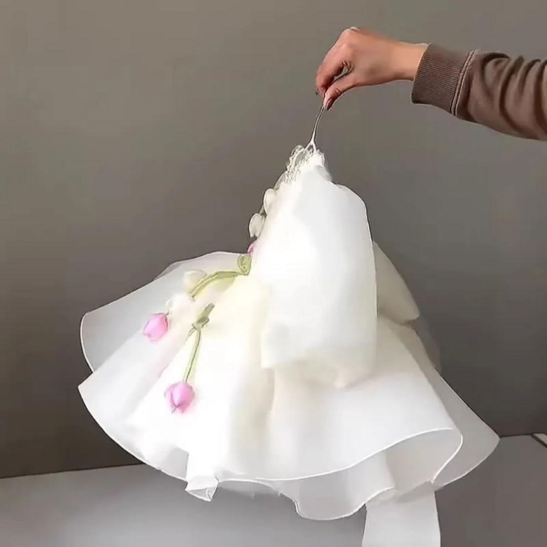 Sweet White Flower Girl Dress with 3D Tulip Flowers Elegant Puff Sleeve Organza Birthday Party Gown D281
