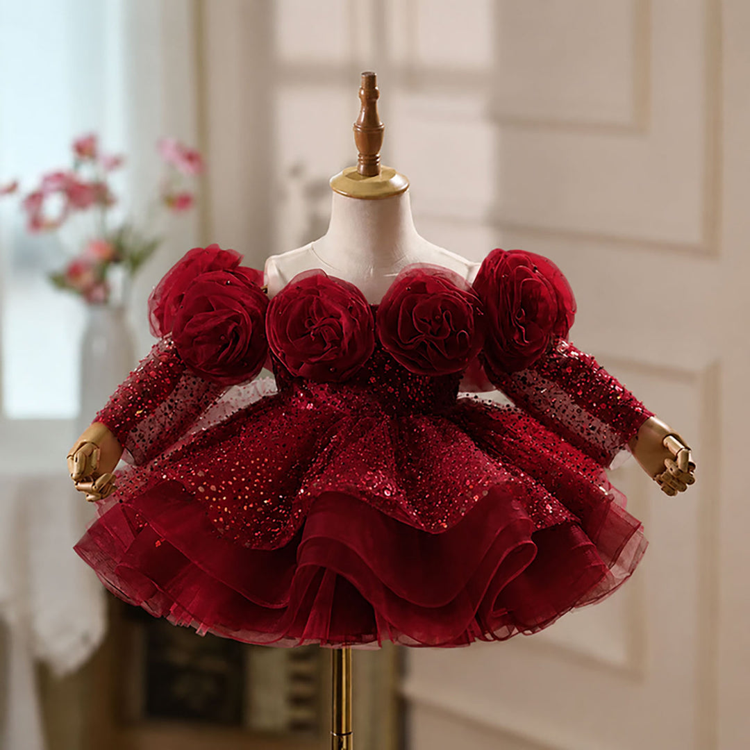 Flower Girl Dress with 3D Floral Accents Sparkling Sequins D099