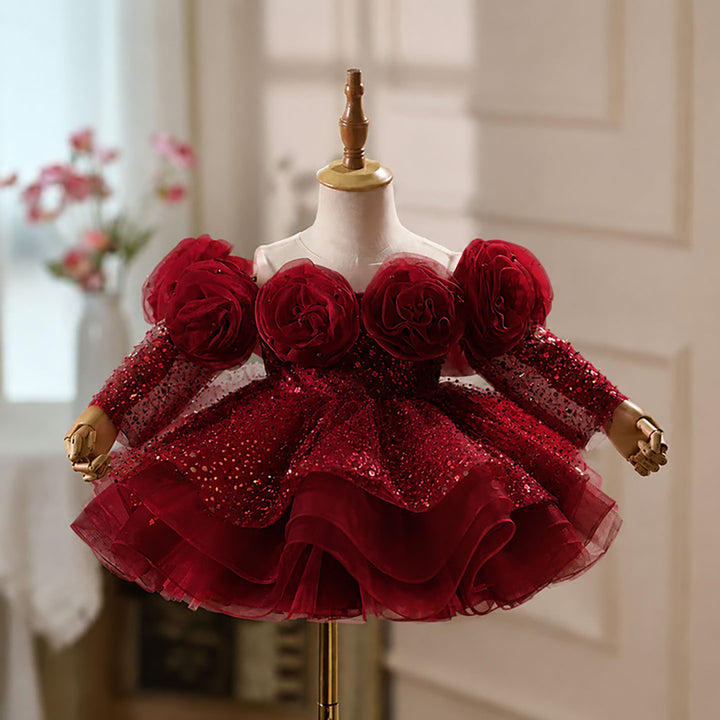 Flower Girl Dress with 3D Floral Accents Sparkling Sequins D099
