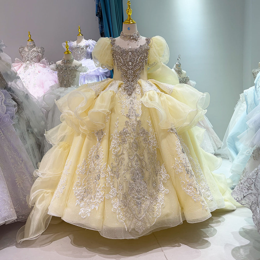 Yellow Crystal Beaded Embroidered Ruffle Princess Ball Gown for Flower Girls Dress W102
