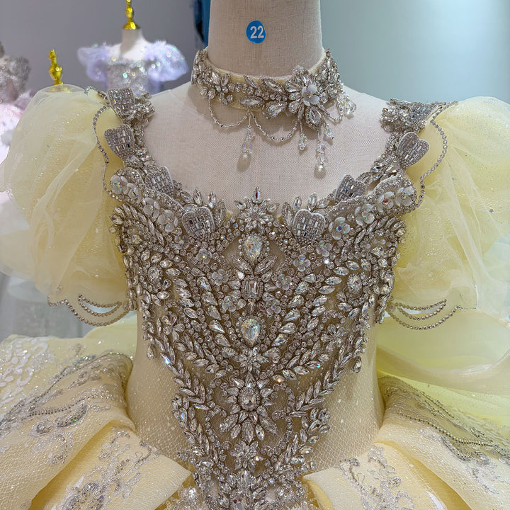 Yellow Crystal Beaded Embroidered Ruffle Princess Ball Gown for Flower Girls Dress W102
