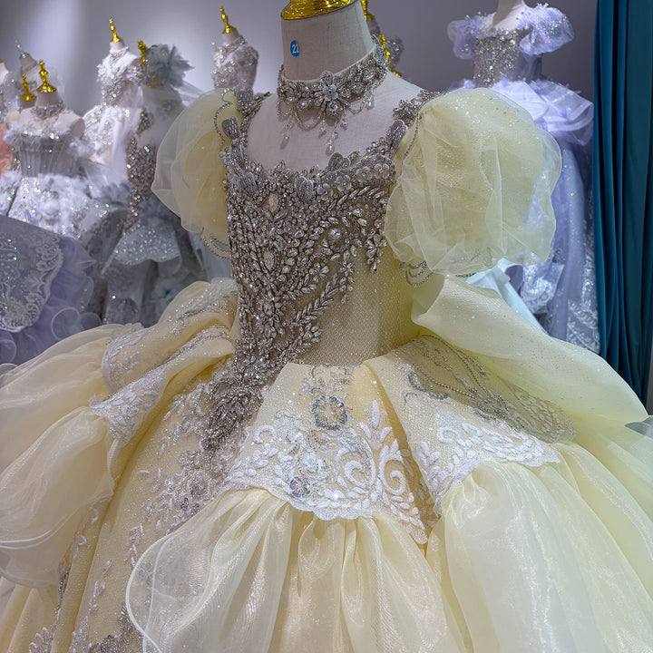 Yellow Crystal Beaded Embroidered Ruffle Princess Ball Gown for Flower Girls Dress W102