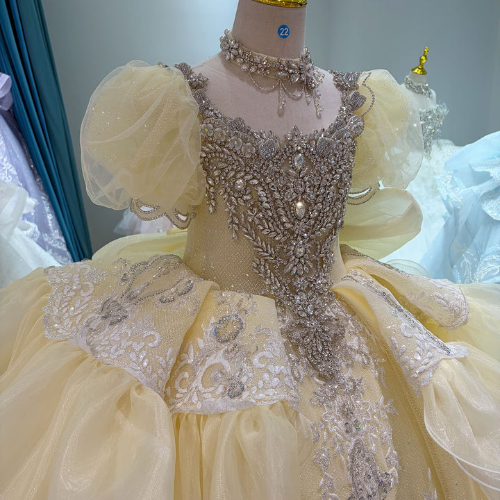 Yellow Crystal Beaded Embroidered Ruffle Princess Ball Gown for Flower Girls Dress W102