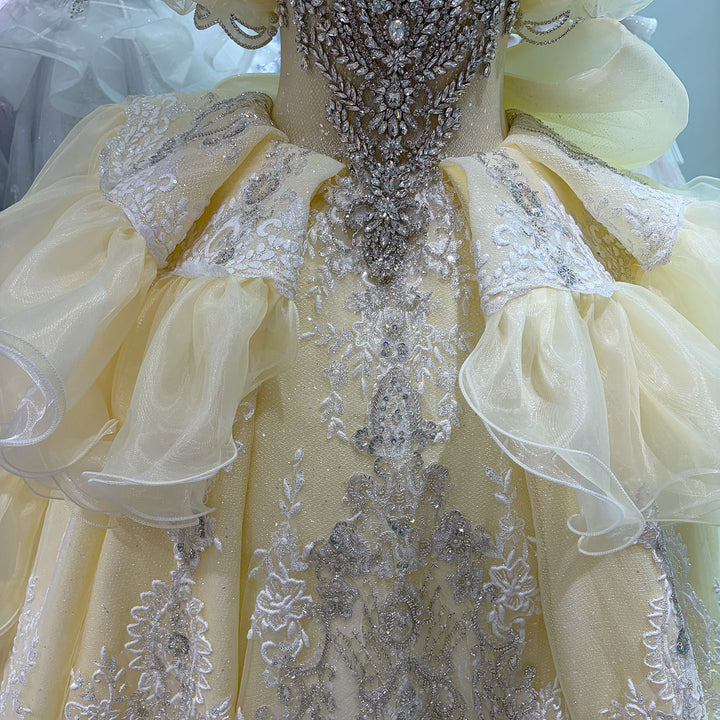 Yellow Crystal Beaded Embroidered Ruffle Princess Ball Gown for Flower Girls Dress W102