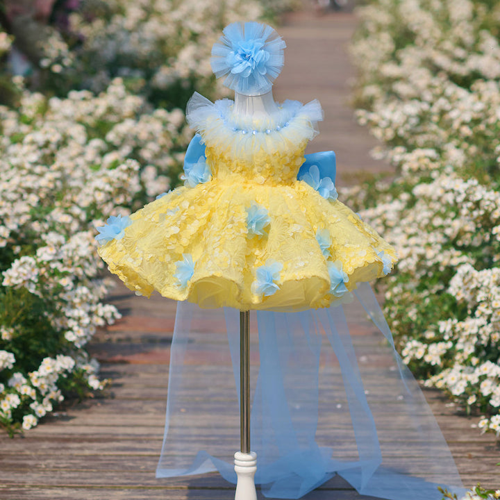 Vibrant Yellow Blue 3D Floral Flower Girl Dress Girls Sheer Tulle Birthday Pageant Gown J906