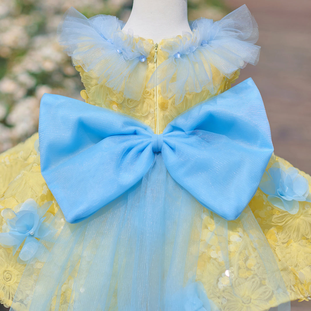 Vibrant Yellow Blue 3D Floral Flower Girl Dress Girls Sheer Tulle Birthday Pageant Gown J906
